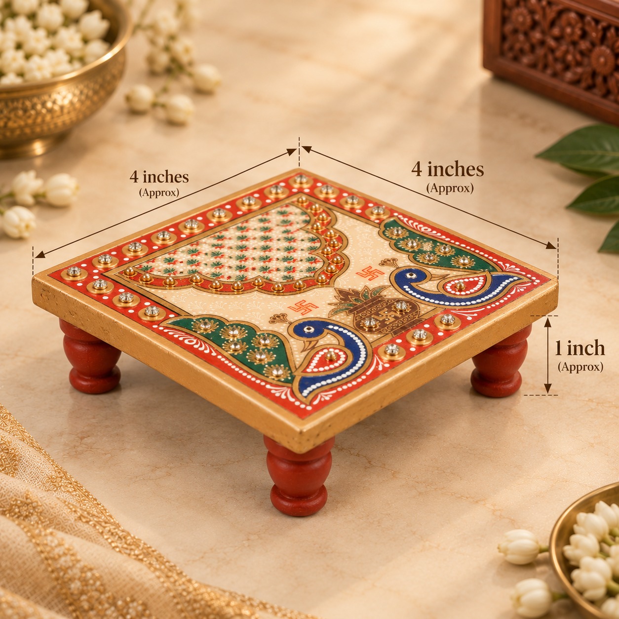 Small Marble Pooja Chowki 4 X 4 Inch